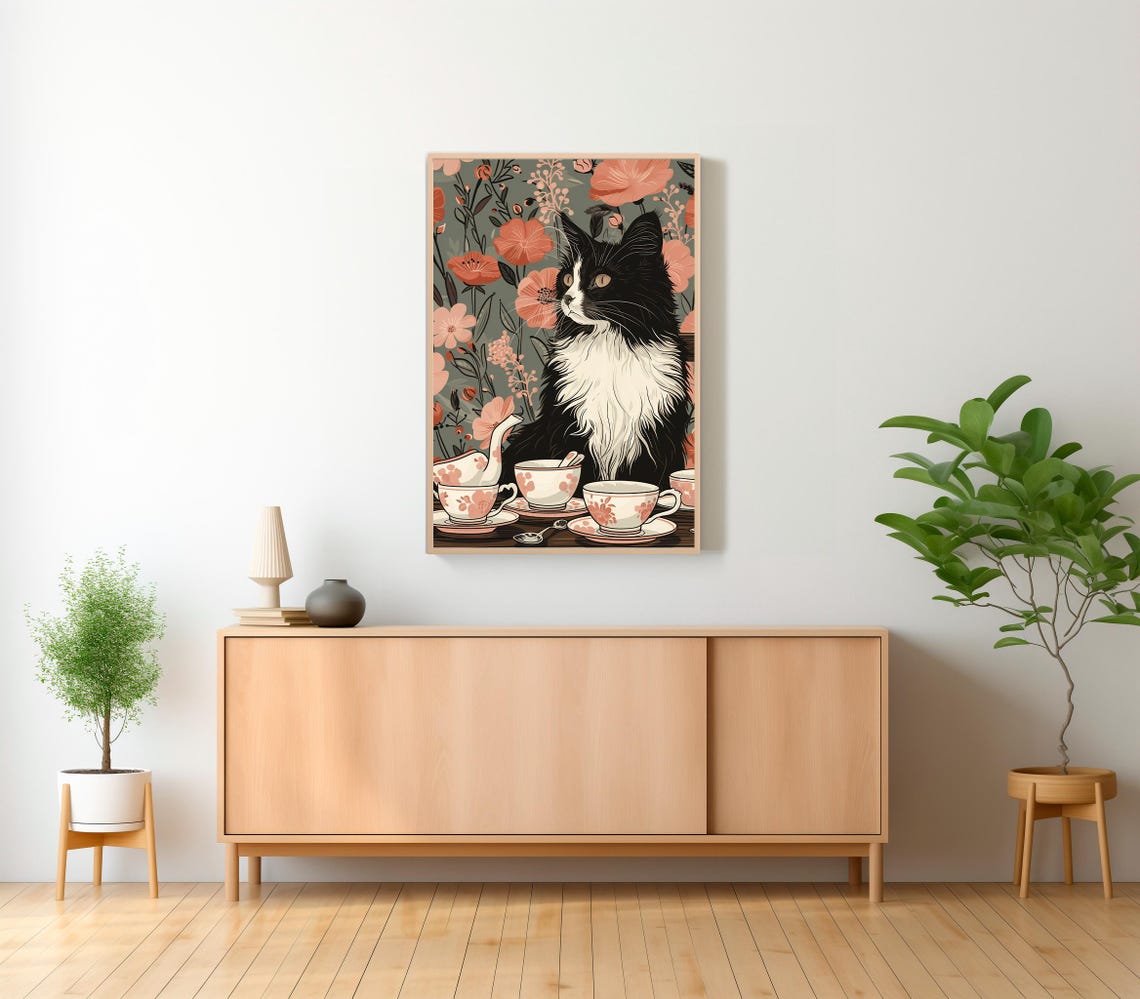 Tuxedo Cat Tea Party with Teapot Cups and Floral Background Poster - Image 2