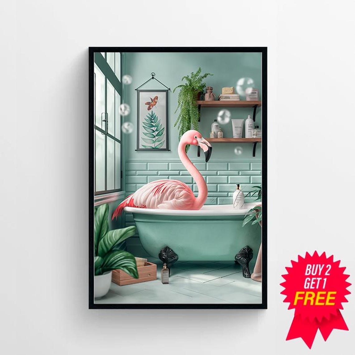 Pink Flamingo Soaking in a Green Bathtub Teal Bathroom Art Poster - Image 4
