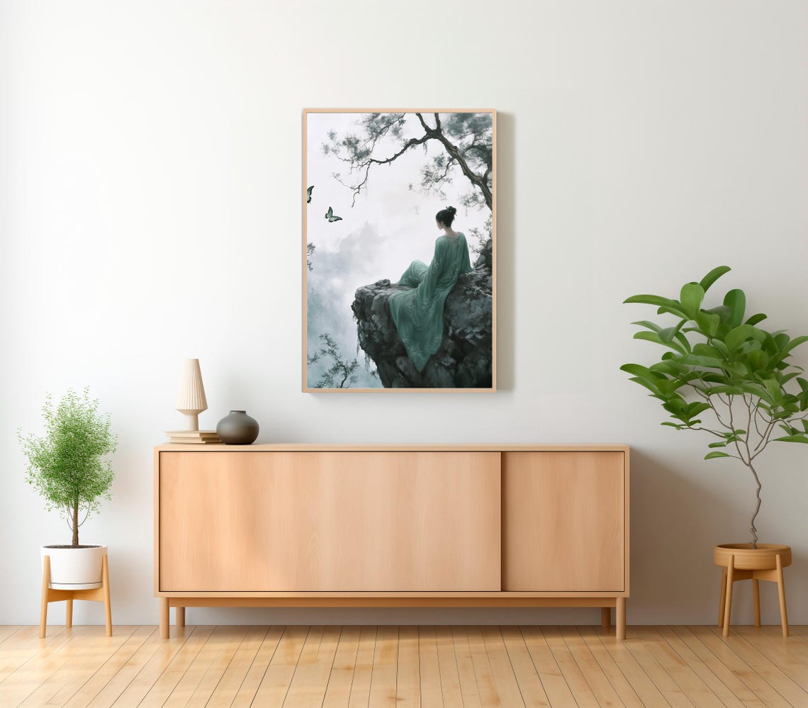 Artemis in Sage Robe Sitting on Cliff Misty Peaks Butterflies Poster - Image 2