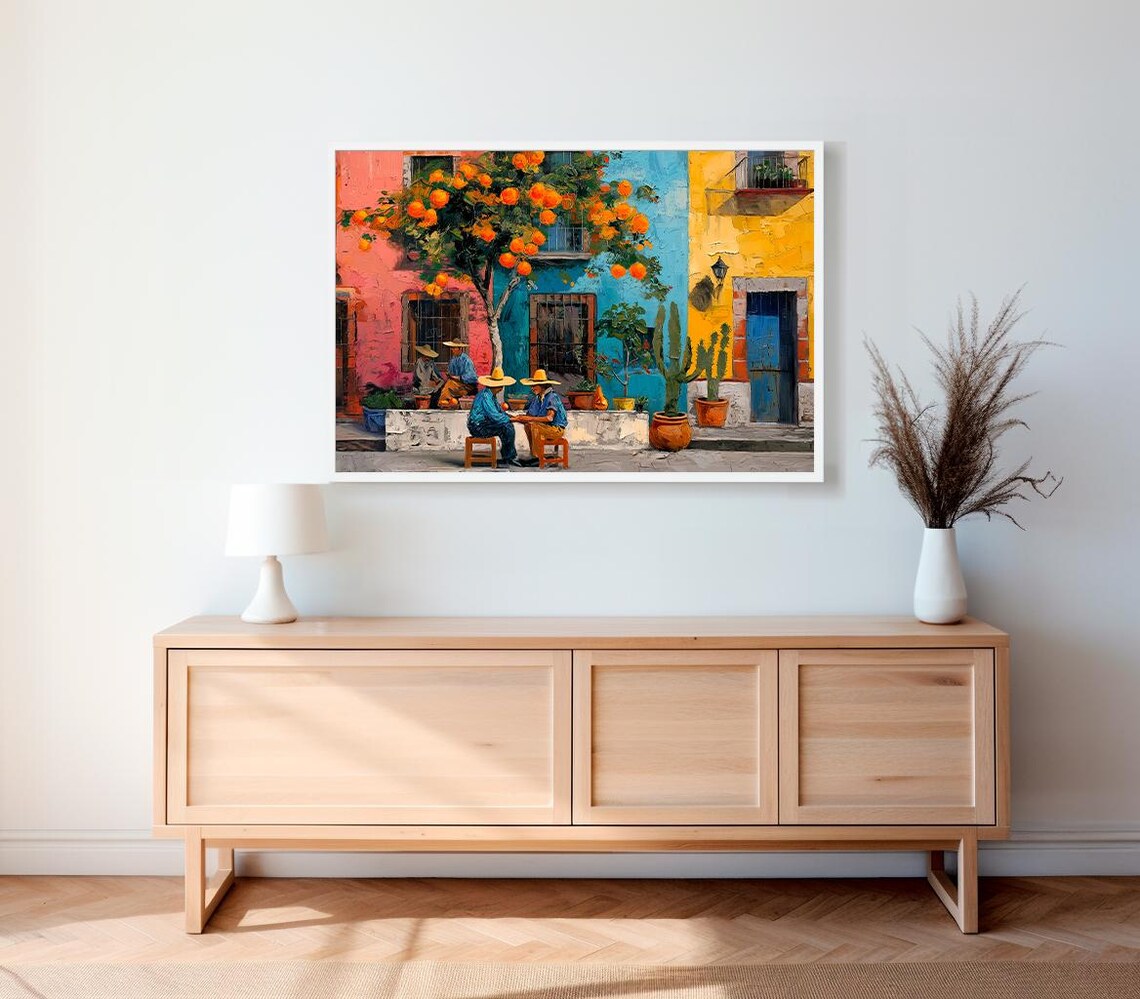 Mexican Village with an Orange Tree and Men in Sombreros Poster - Image 2