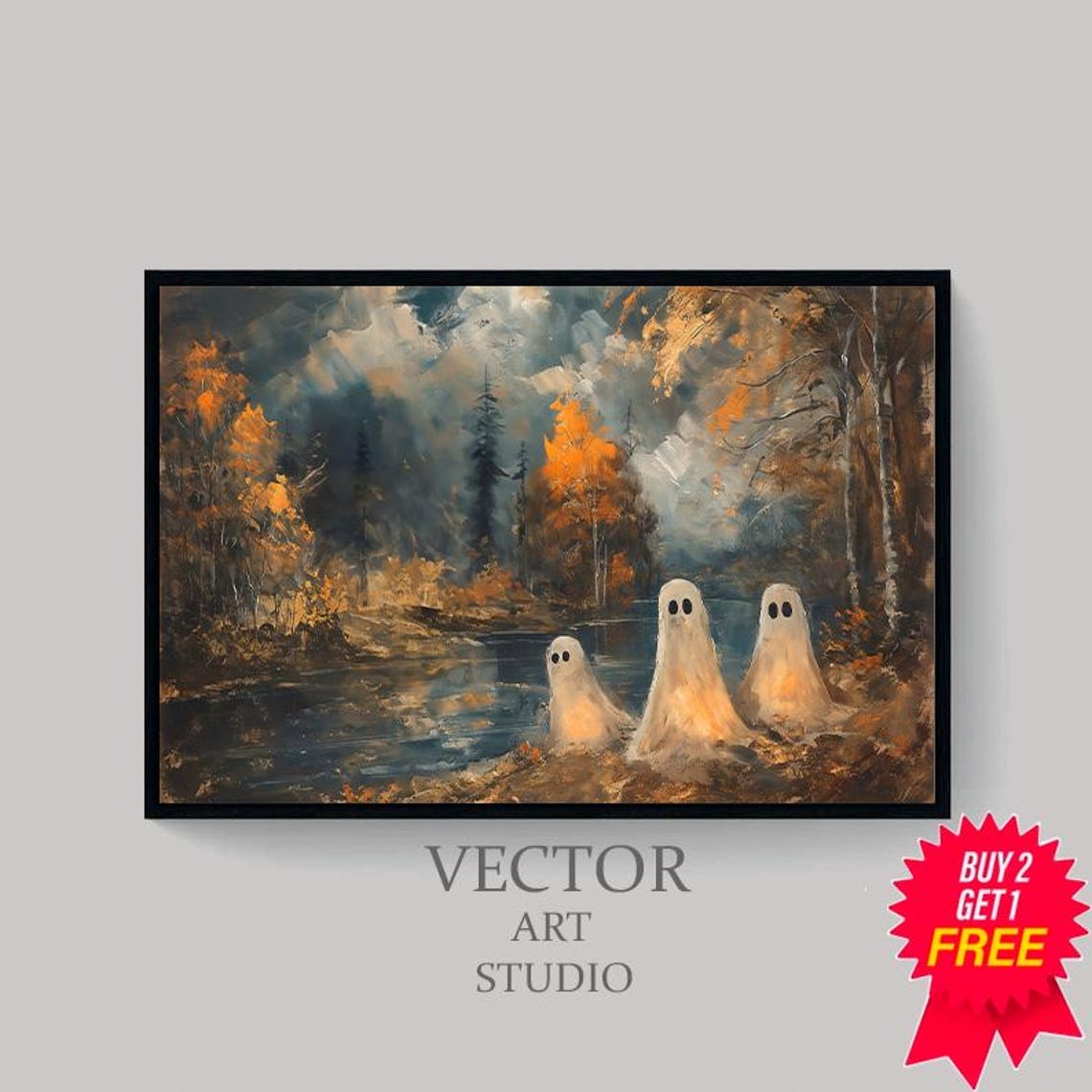 Cute Ghost Family by a Moonlit Lake Autumn Night Halloween Art Poster - Image 4
