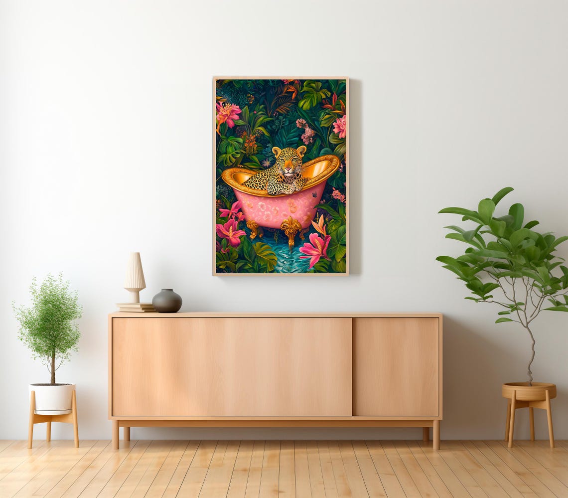 Leopard Resting in Pink Bathtub Surrounded by Jungle Flowers Poster - Image 2