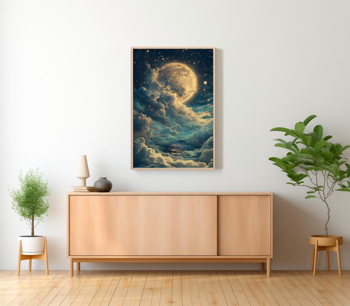 Enchanting Celestial Moon Art Print Vintage Inspired Dark Academia Dark Cottagecore Night Sky Painting - Image 2
