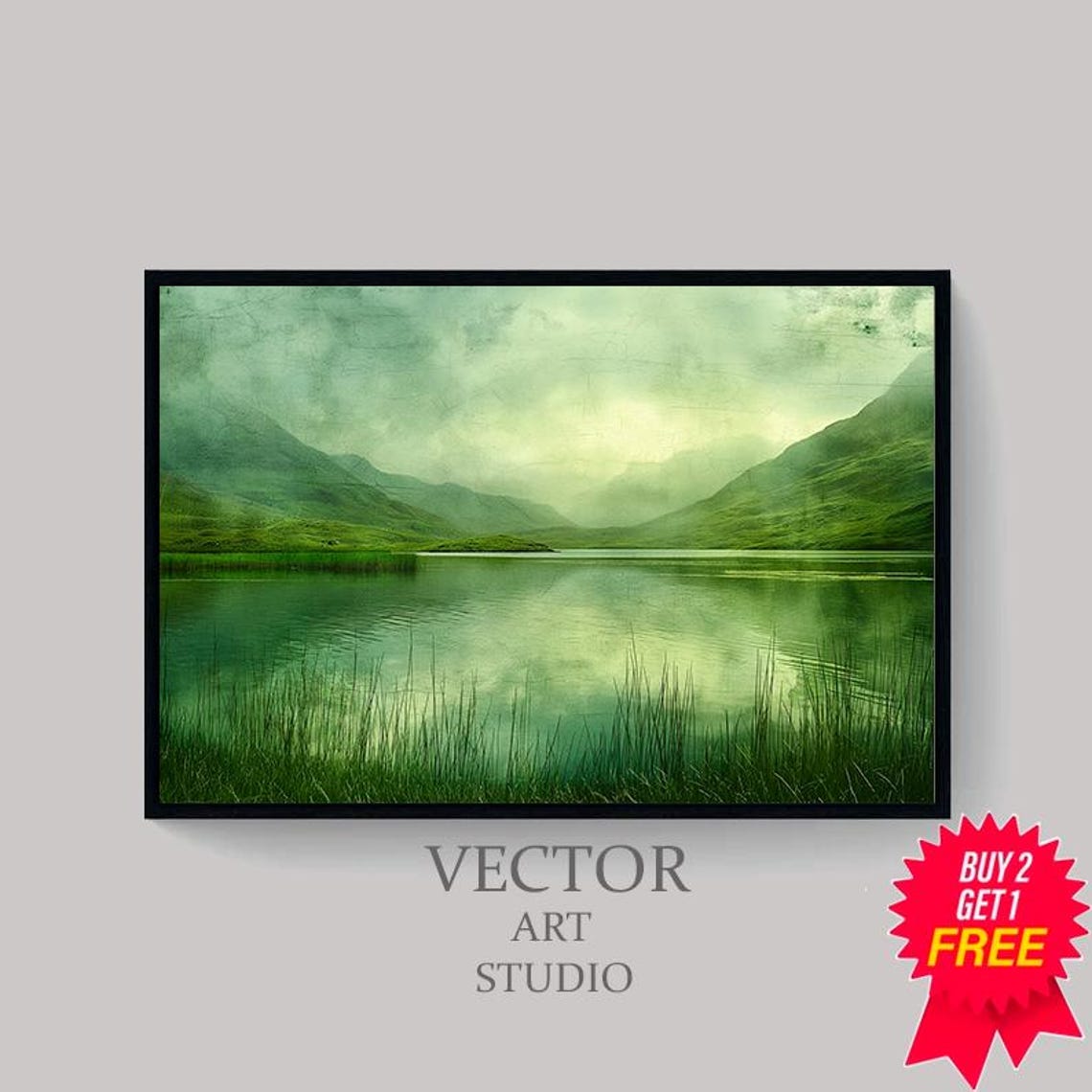 Moody Green Mountain Lake with Reeds in Soft Misty Light Poster - Image 4