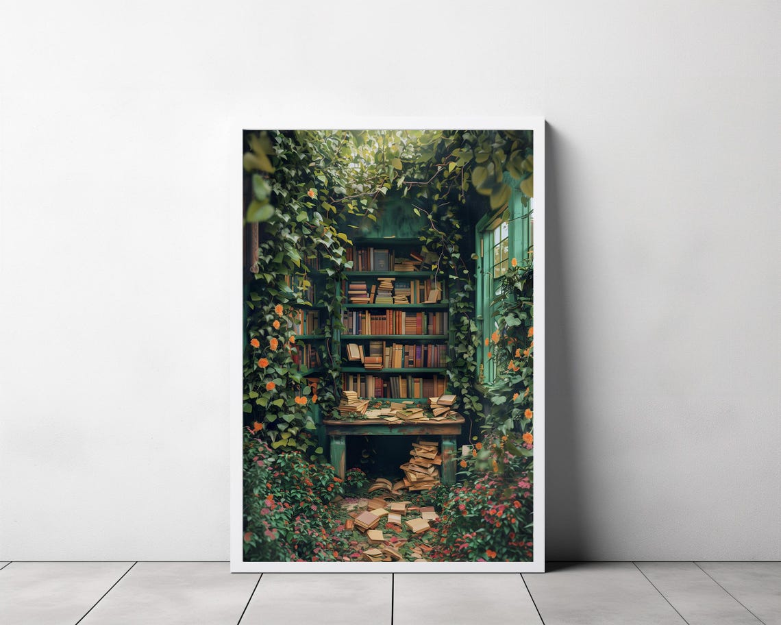 Greenhouse Library Reading Nook with Vines and Books Painting Poster - Image 3