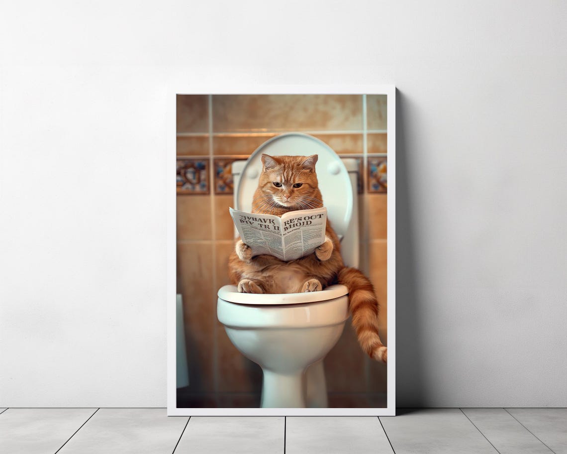 Orange Tabby Cat Reading Newspaper on Toilet Funny Bathroom Art Poster - Image 3