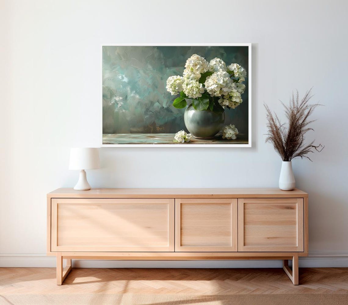 White Hydrangeas in a Grey Vase Teal Floral Still Life Painting Poster - Image 2