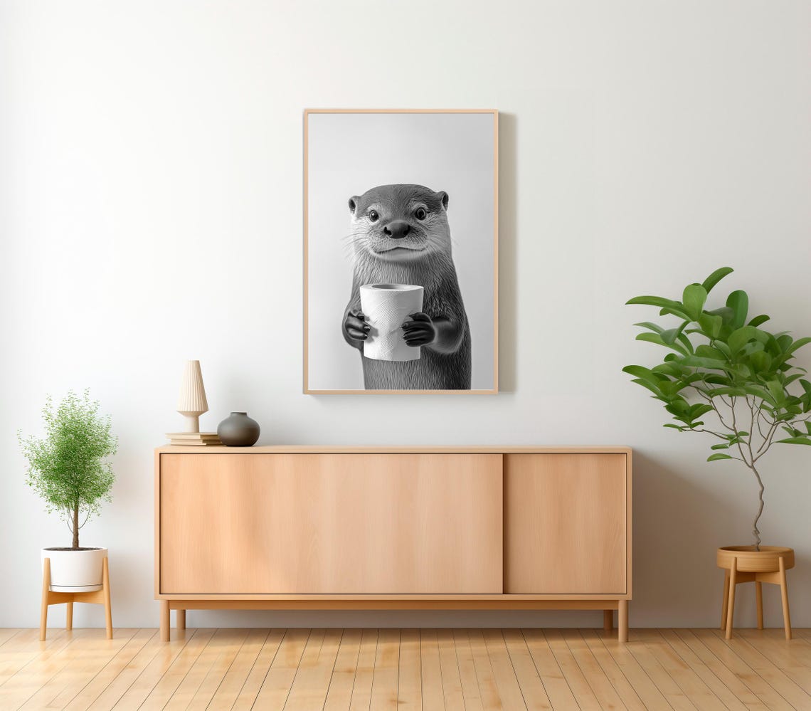 Funny Otter Holding Toilet Paper Black White Bathroom Poster - Image 2