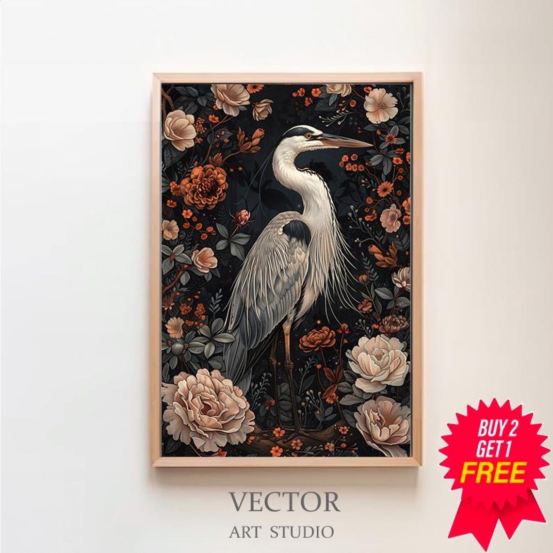 Grey Heron Among Dark Florals Moody Botanical Art Nouveau Poster