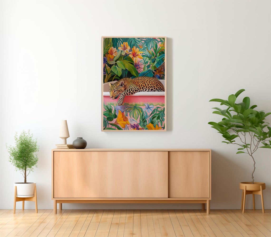 Wall Art Leopard In A Bathtub Maximalist Oil Painting Colorful Trendy Kitsch Bathroom Print Vivid Bold Dopamine Animal Picture - Image 2