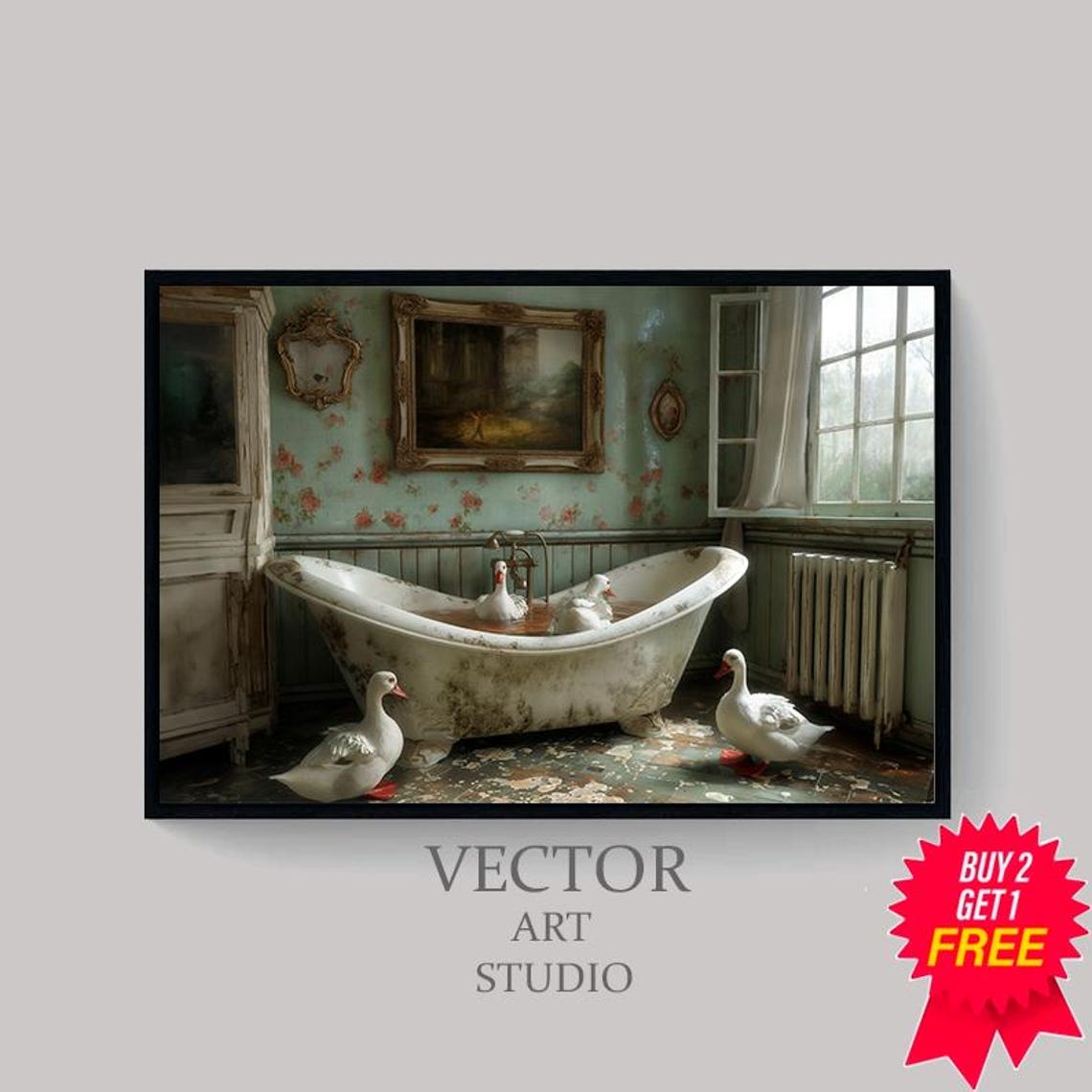 Geese In The Bathtub Oil Painting Funny Bathroom Wall Art Vintage Goose Print Animal In Bathtub Dark Humor Whimsy Animal Art - Image 4