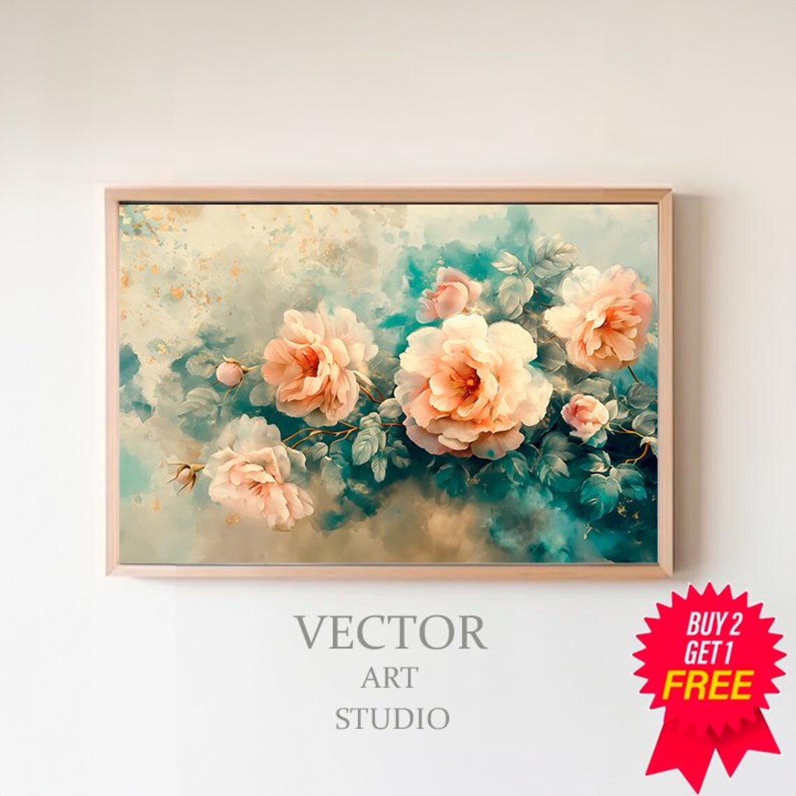 Blush Apricot Roses On Cream Teal Watercolor Floral Bloom Poster