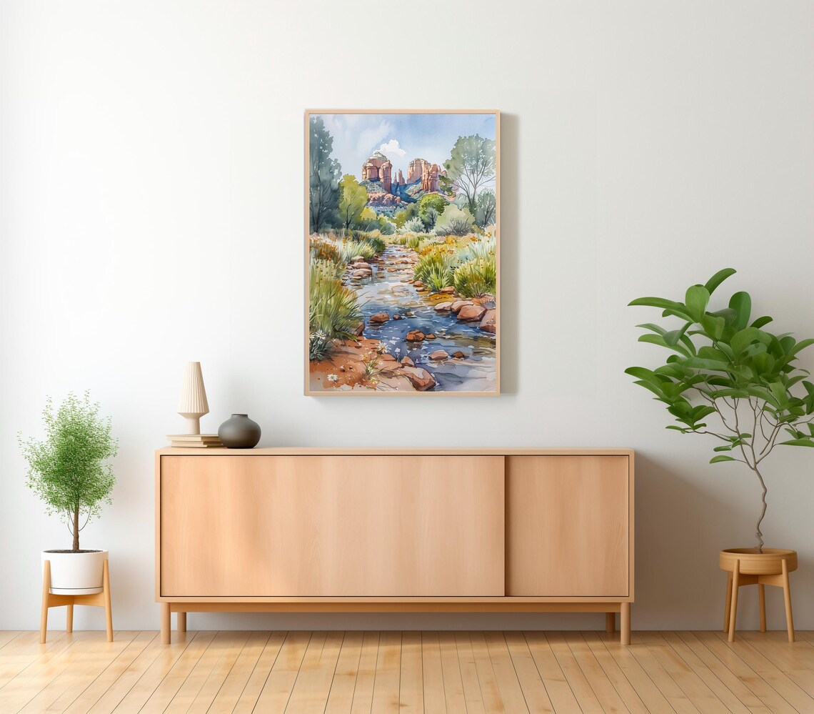 Sedona Red Rock Canyon Creek Green Cottonwoods Watercolor Poster - Image 2