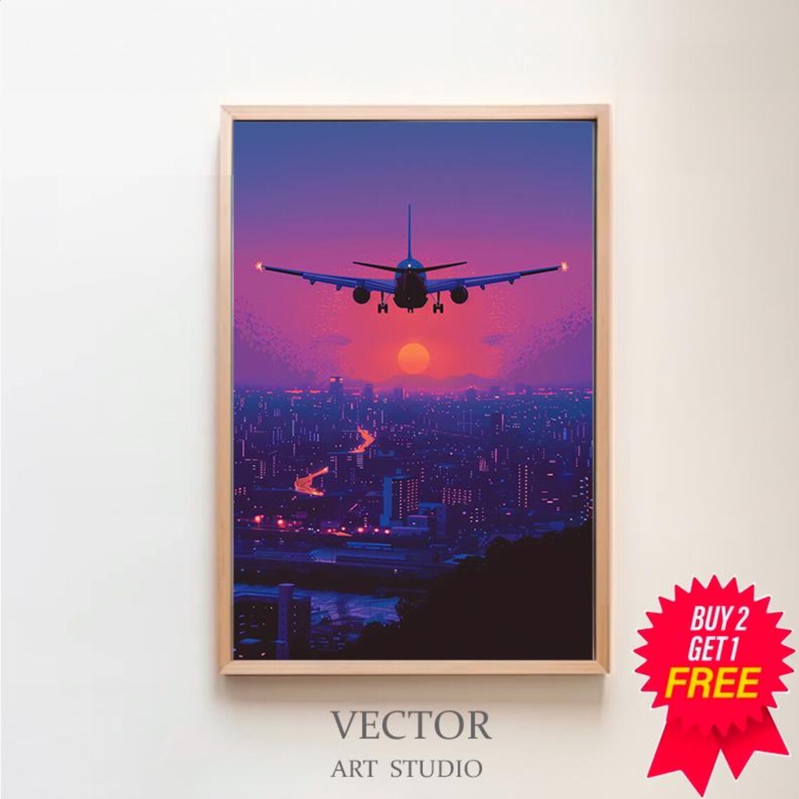 Airplane Over City Sunset Purple Sky Vaporwave Travel Poster
