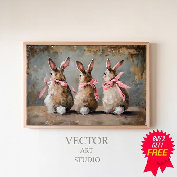 Three Bunnies With Pink Bows Cute Easter Bunny Rabbit Art Poster
