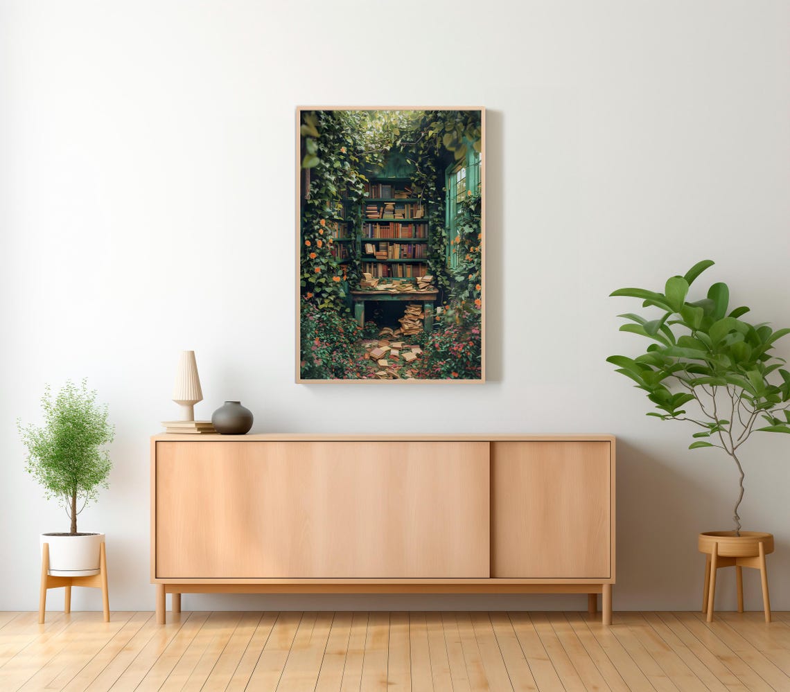 Greenhouse Library Reading Nook with Vines and Books Painting Poster - Image 2