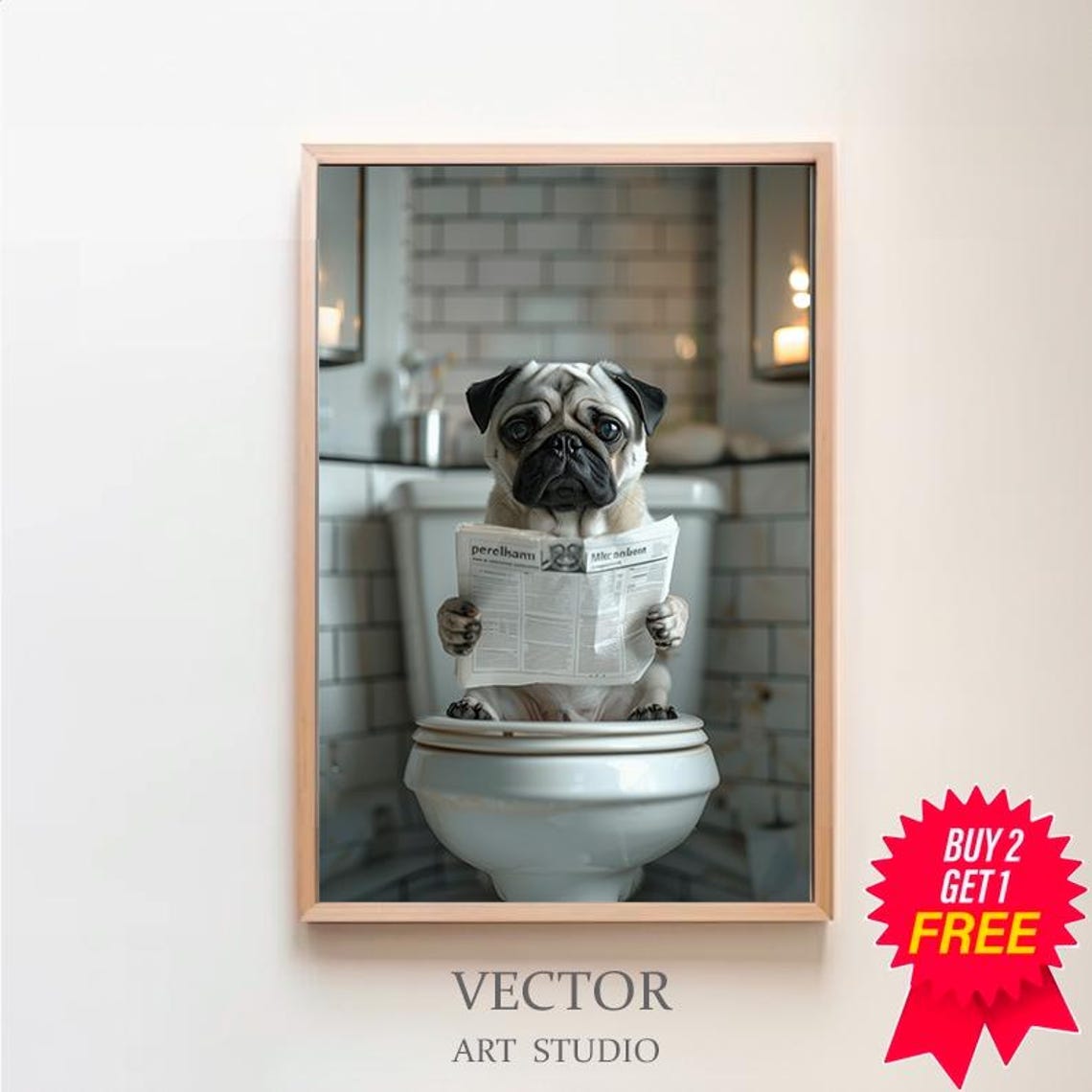 Pug on Toilet in Cozy Subway Tile Bathroom Funny Photo Poster