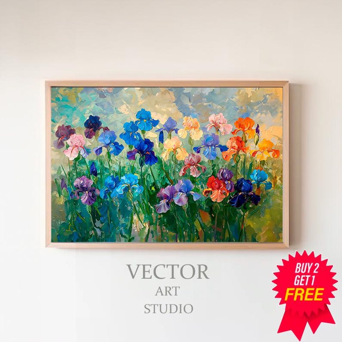 Rainbow Iris Field Under A Teal Sky Textured Impasto Art Poster