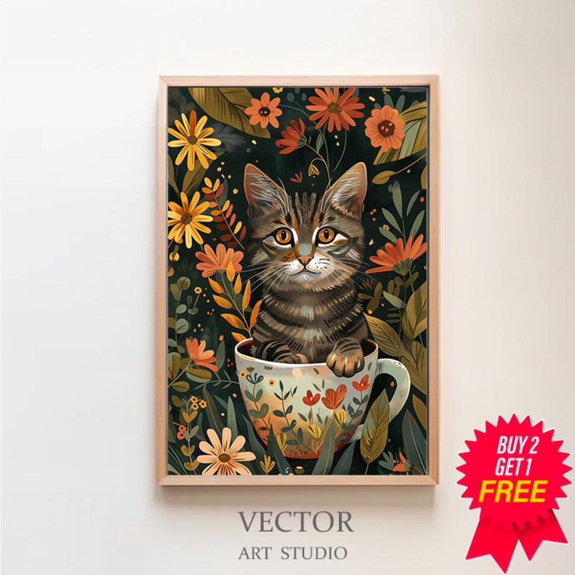 Tabby Cat Jungle Bathtub Poster, Boho Botanical Decor