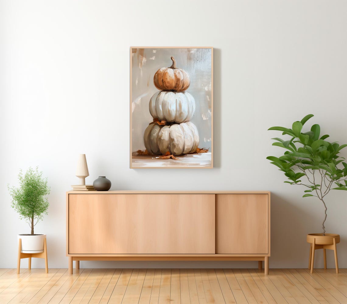Stack of Three Tan and White Pumpkins in Fall Still Life Art Poster - Image 2