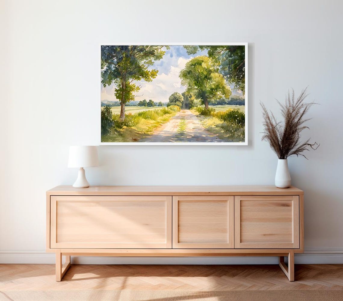 Sunny Countryside Lane Through Green Fields Watercolor Poster - Image 2