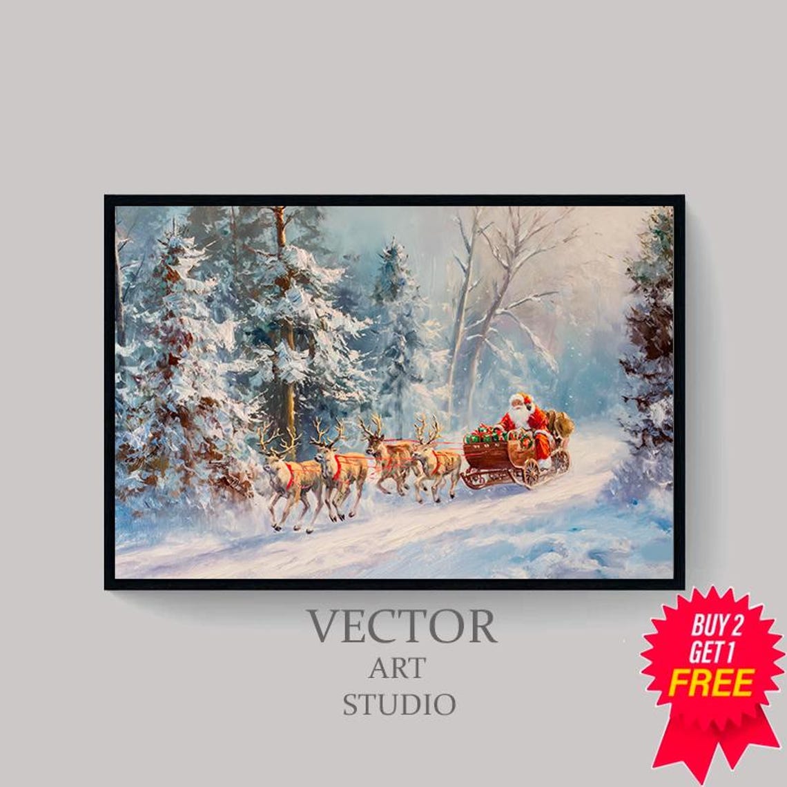 Santa Sleigh With Reindeer In Snowy Forest Christmas Wall Art - Image 4