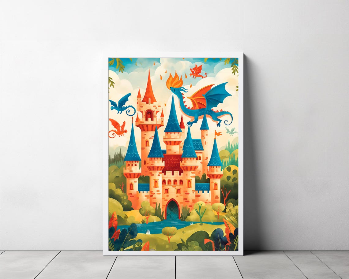Whimsical Fairytale Castle with Dragons Fantasy Kids Nursery Poster - Image 3