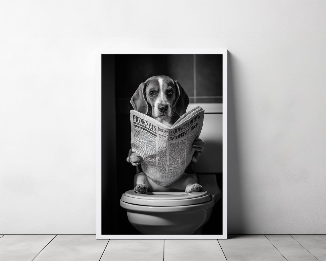 Beagle Reading Newspaper on Toilet Funny Bathroom Animal Poster - Image 3