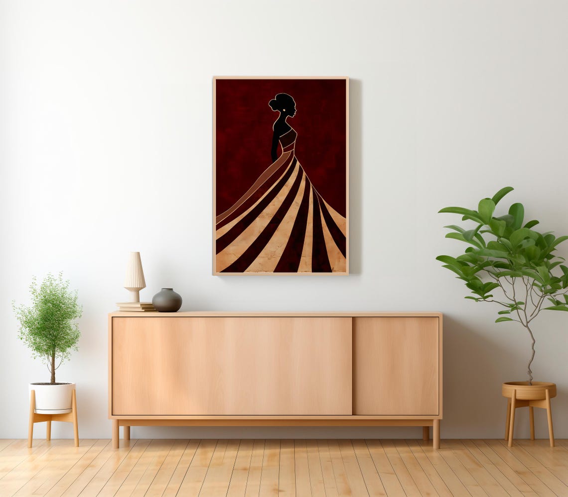 Flowing Gown Silhouette Burgundy Gold Stripes Fashion Poster - Image 2