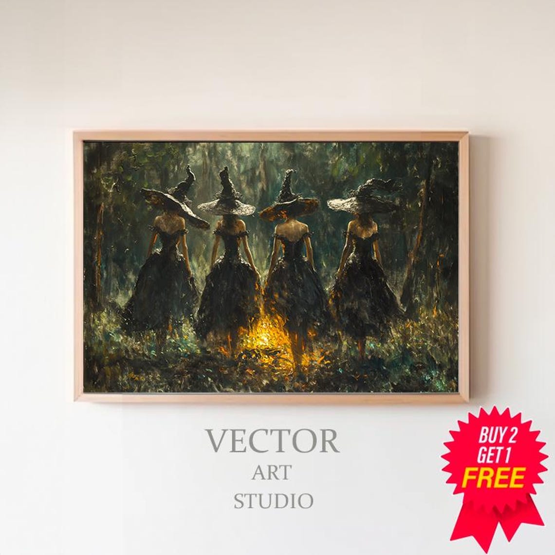 Witches Walking Away into Dark Forest Glowing Witchy Halloween Poster