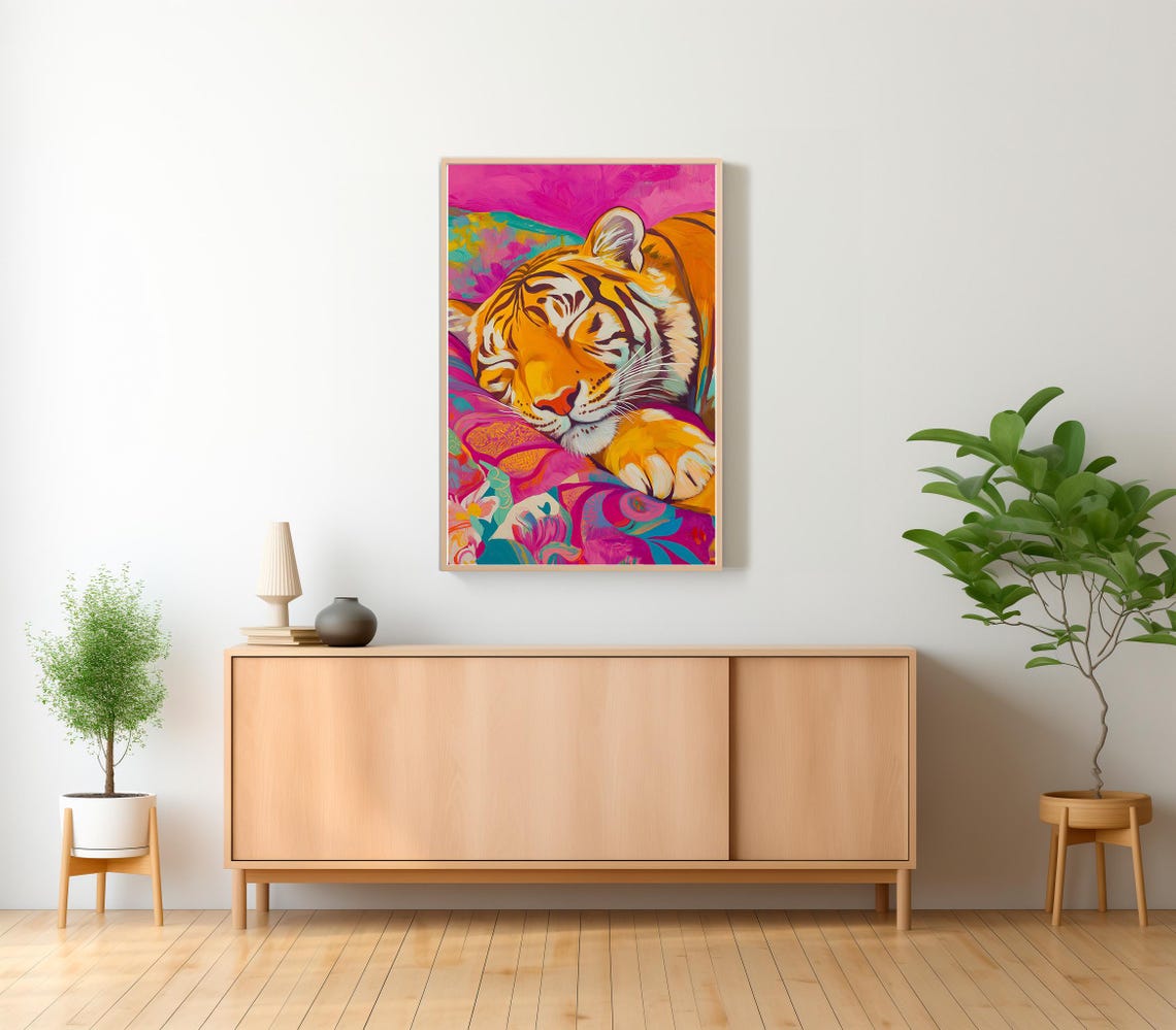 Sleeping Tiger Resting on a Vivid Magenta Maximalist Floral Bed Poster - Image 2