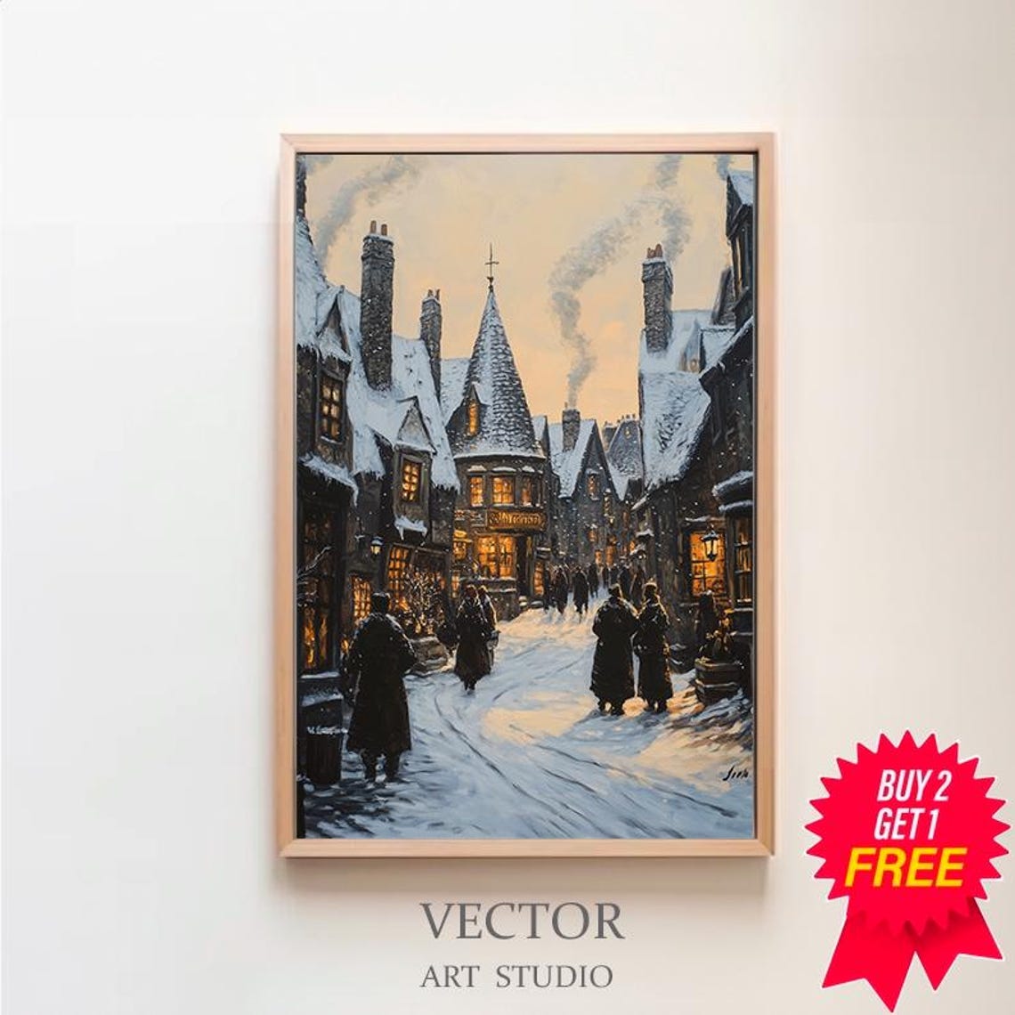 Snowy Wizard Town Street At Dusk Cloaked Figures Winter Poster