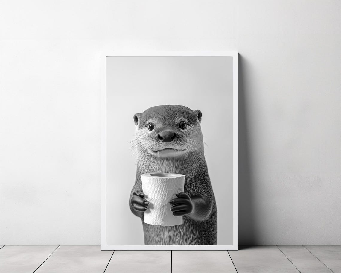 Funny Otter Holding Toilet Paper Black White Bathroom Poster - Image 3