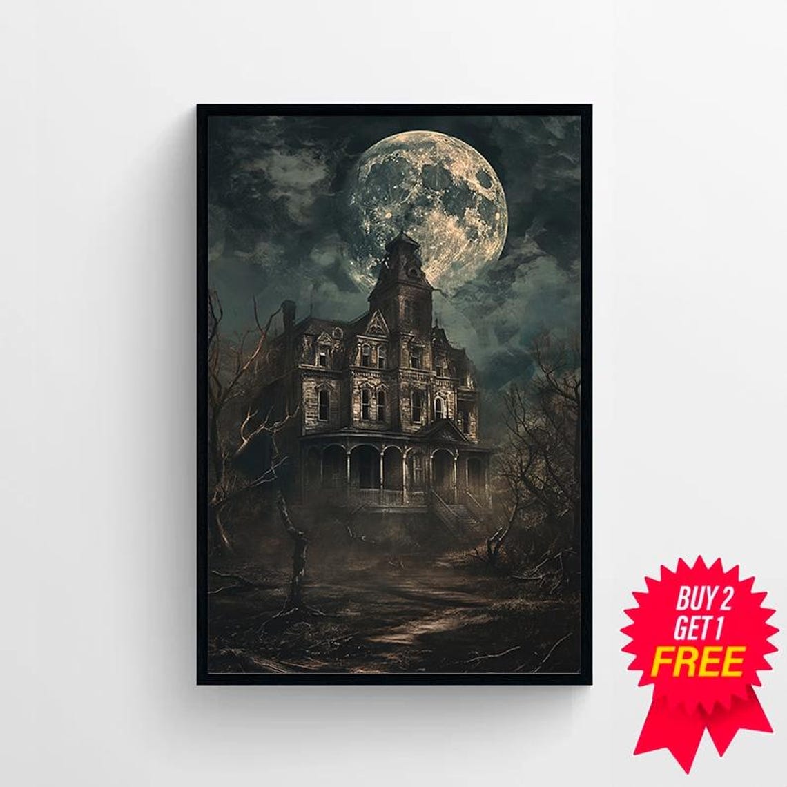 Haunted House Under Full Moon Dark Moody Halloween Art Print - Image 4