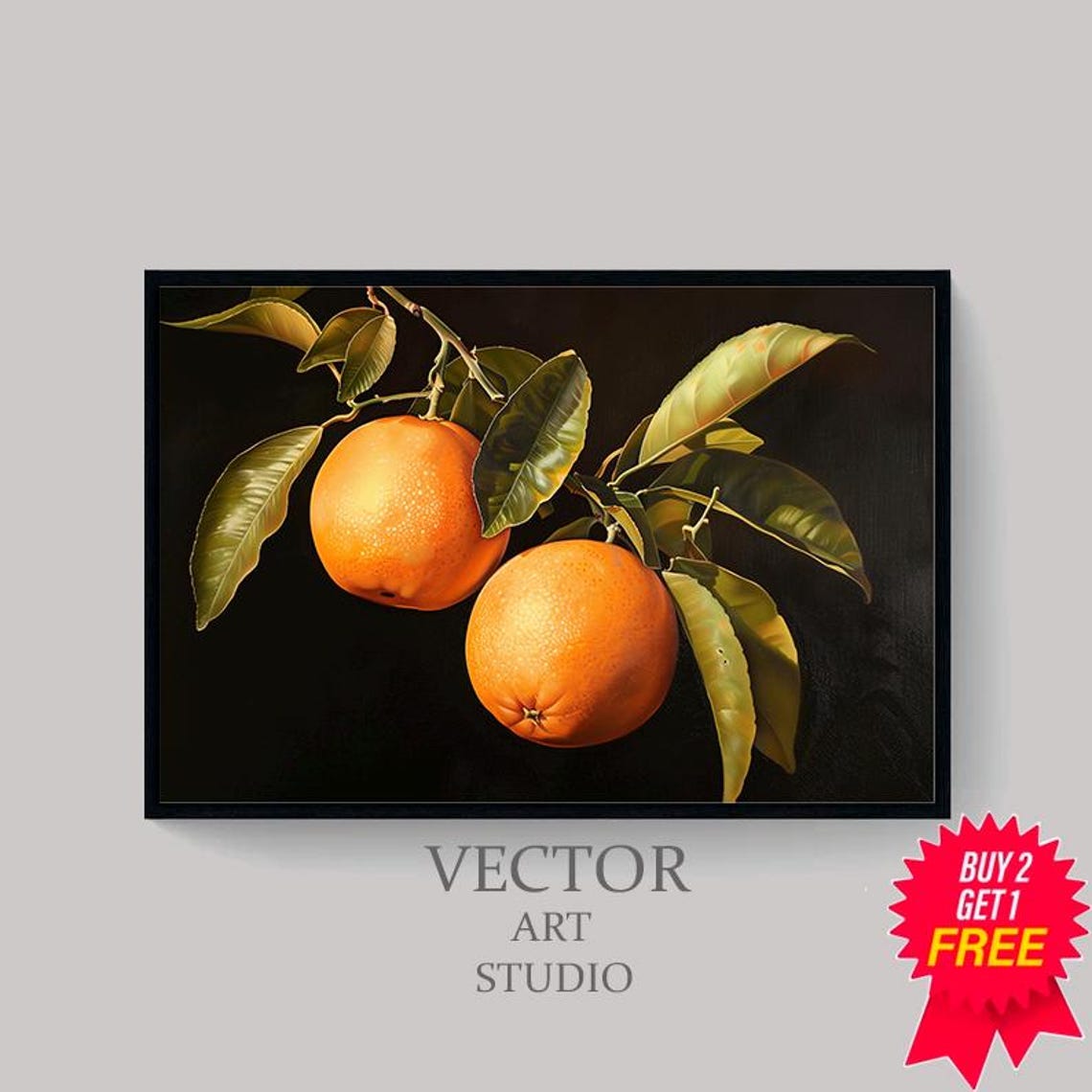 Two Golden Ripe Oranges on Branch Against Dark Background Poster - Image 4