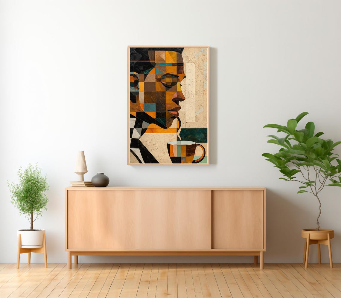 Geometrical People Large Wall Art Contemporary Artwork Afro Men Modern Print Kitchen Wall Art Black Man Coffee Lover Print - Image 2
