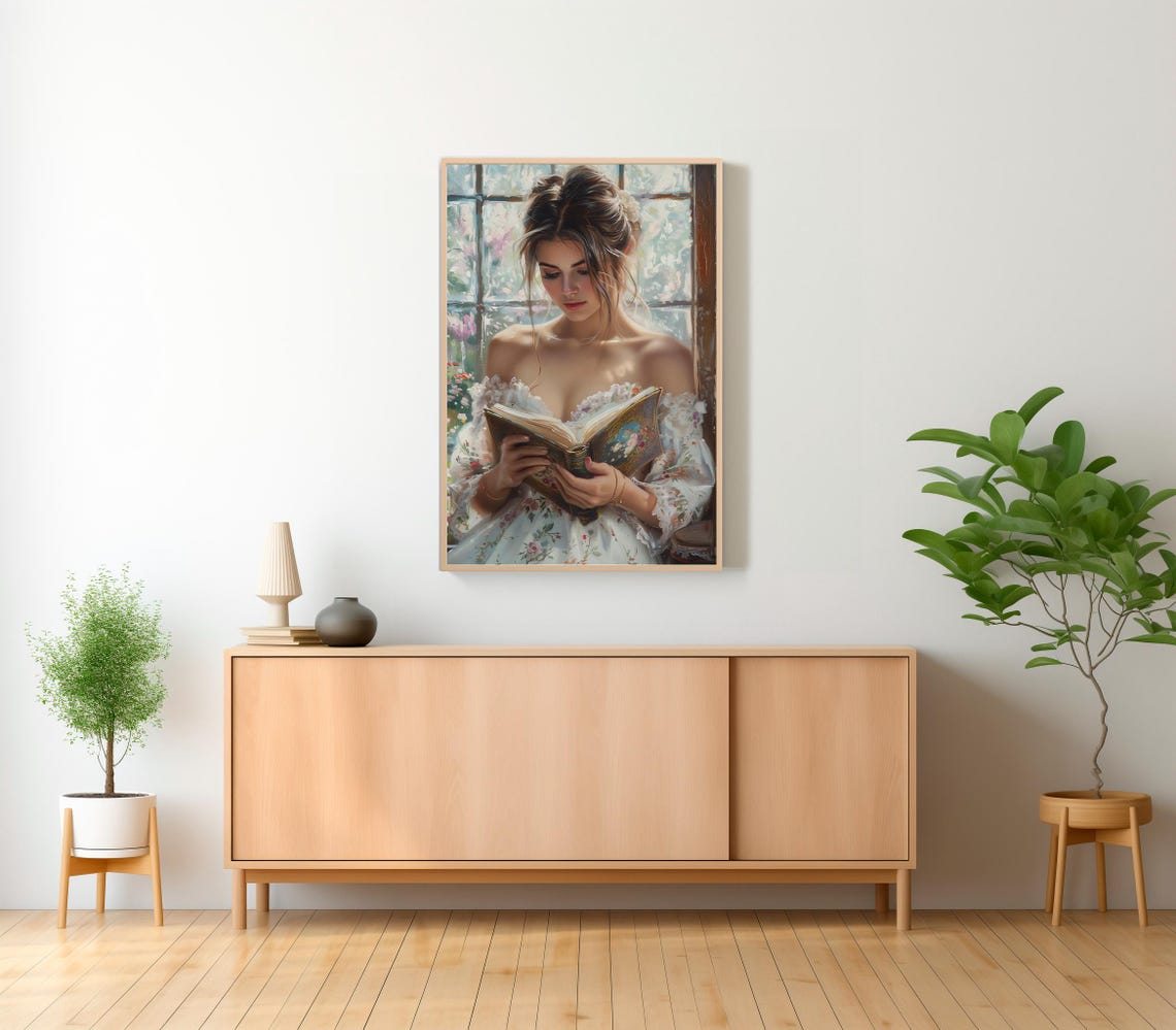 Woman Reading by a Flower-Filled Window in a White Dress Poster - Image 2