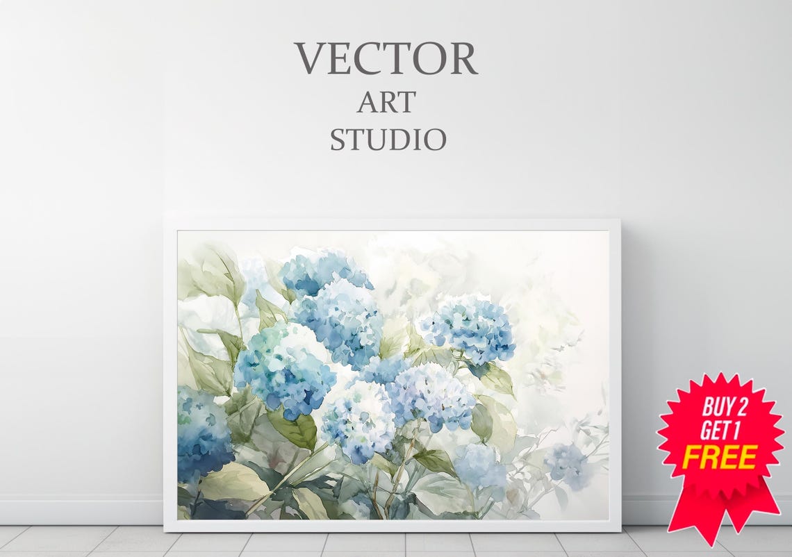 Blue Hydrangea Blooms Loose Watercolor Floral Painting Wall Art - Image 3