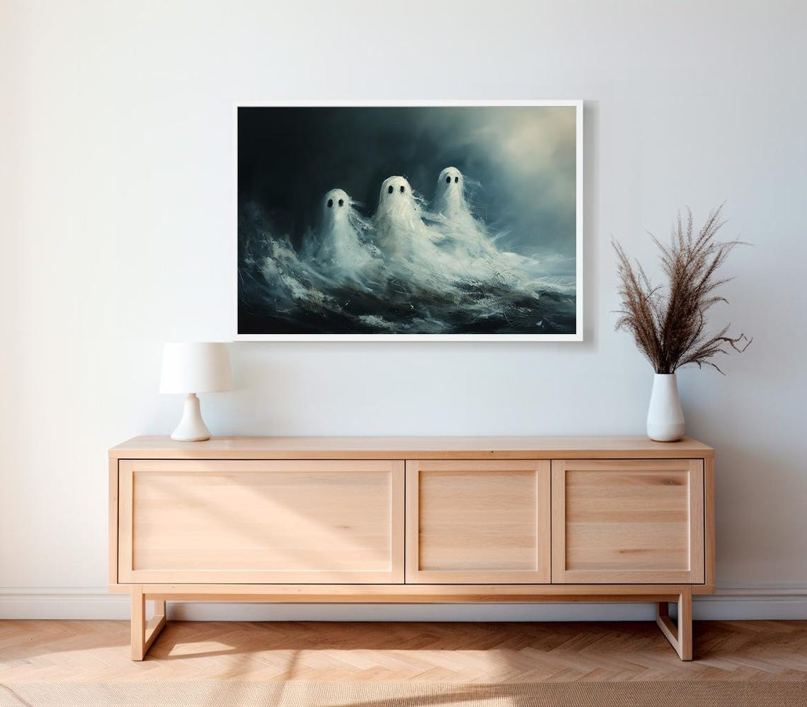 Three Cute White Ghosts in Dark Mist Halloween Painting Poster - Image 2