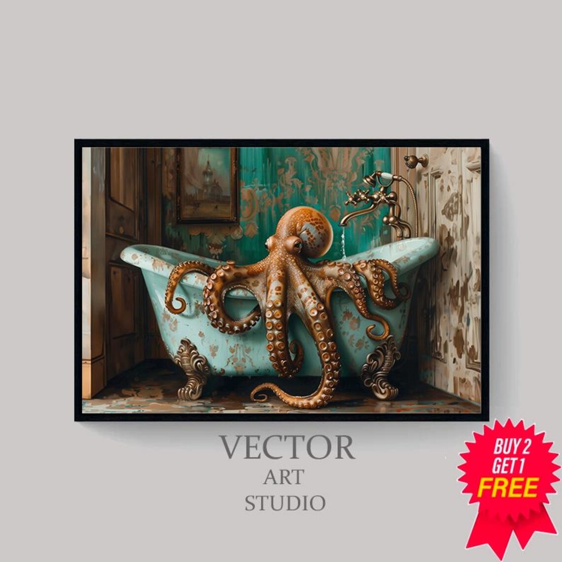 Octopus In The Bathtub Oil Painting Art Print - Image 4
