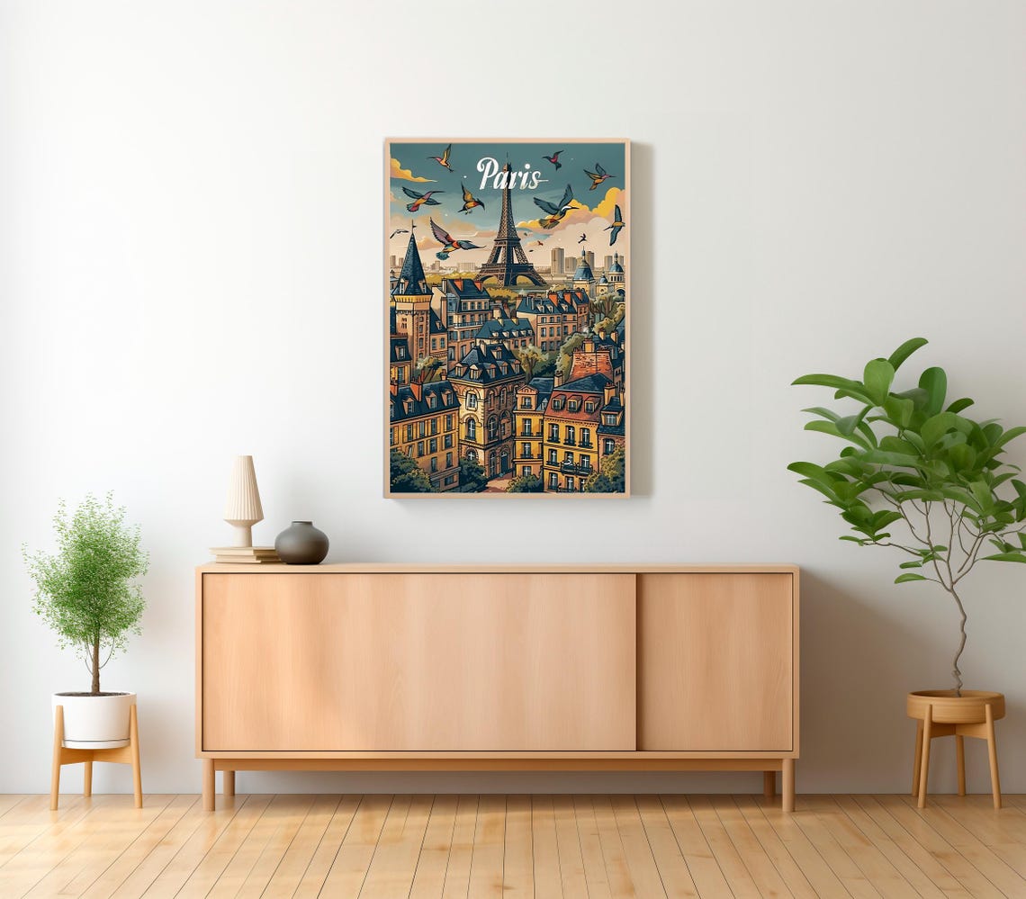 Paris Eiffel Tower With Flying Birds At Sunset Travel Poster - Image 2