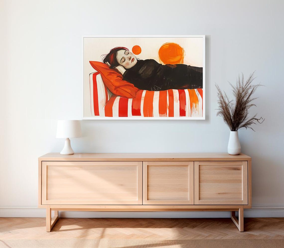 Modern Woman Reclining on a Red Striped Sofa Under Orange Suns Poster - Image 2