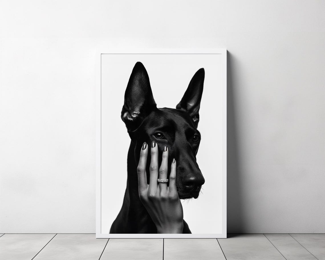 Black Doberman Pinscher Portrait Fashion Style Black and White Poster - Image 3