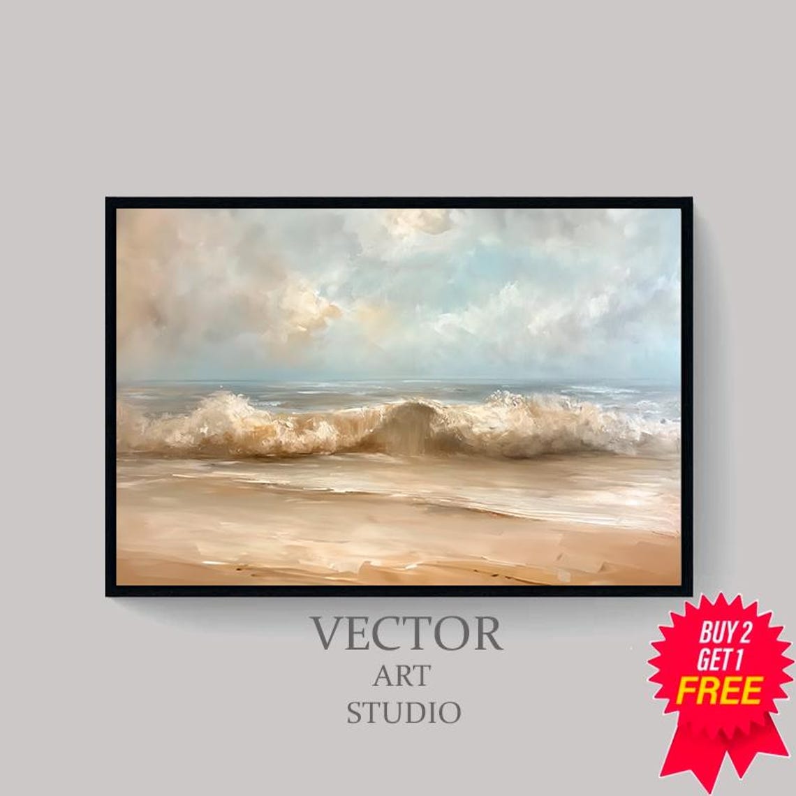 Ocean Waves Crashing On A Sandy Beach Vintage Neutral Seascape Poster - Image 4