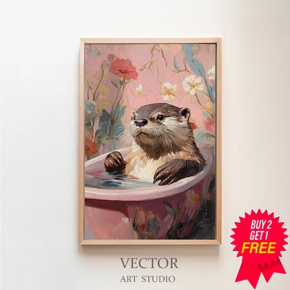 Cute Otter Soaking in a Pink Bathtub with a Pastel Floral Scene Poster