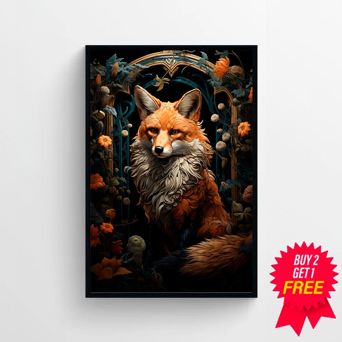 Fox Portrait in Arched Floral Frame Dark Botanical Wildlife Art Poster - Image 4