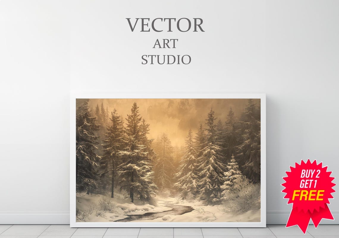 Vintage Winter Sketch Flocked Snowy Trees Vintage Art - Image 3