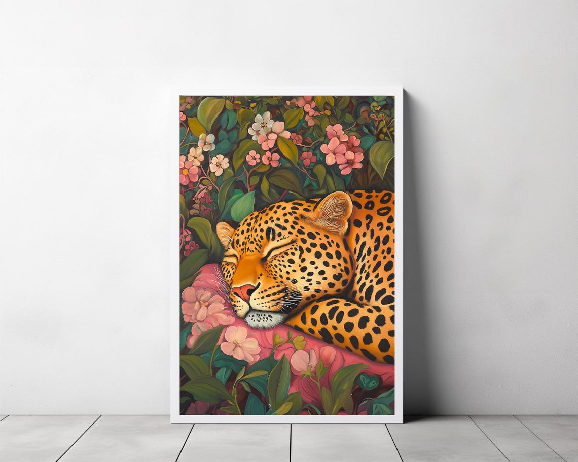 Sleeping Leopard Nestled in Pink Flowers Dark Botanical Poster - Image 3