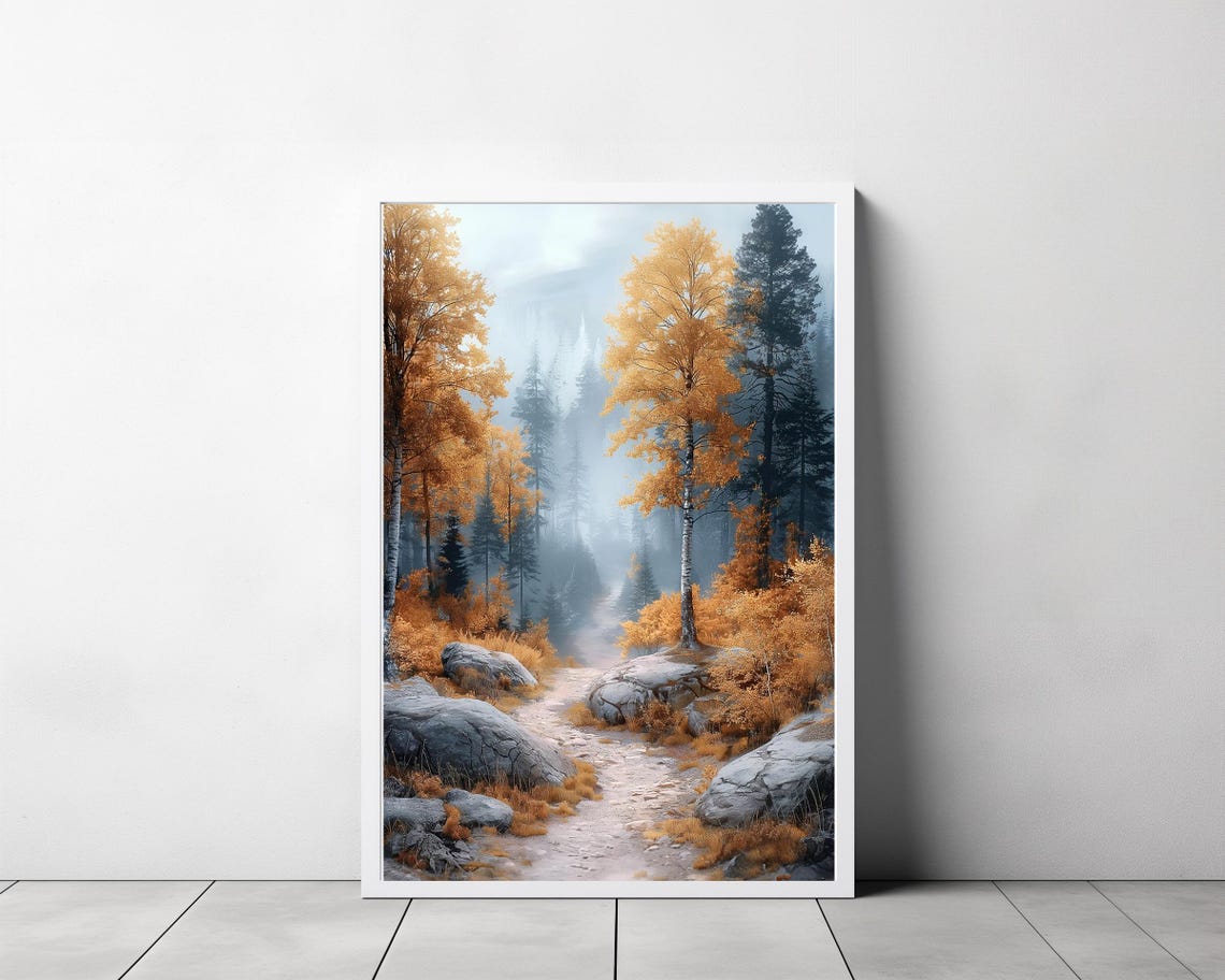 Golden Misty Autumn Birch Forest with Rocky Path Fall Poster - Image 3
