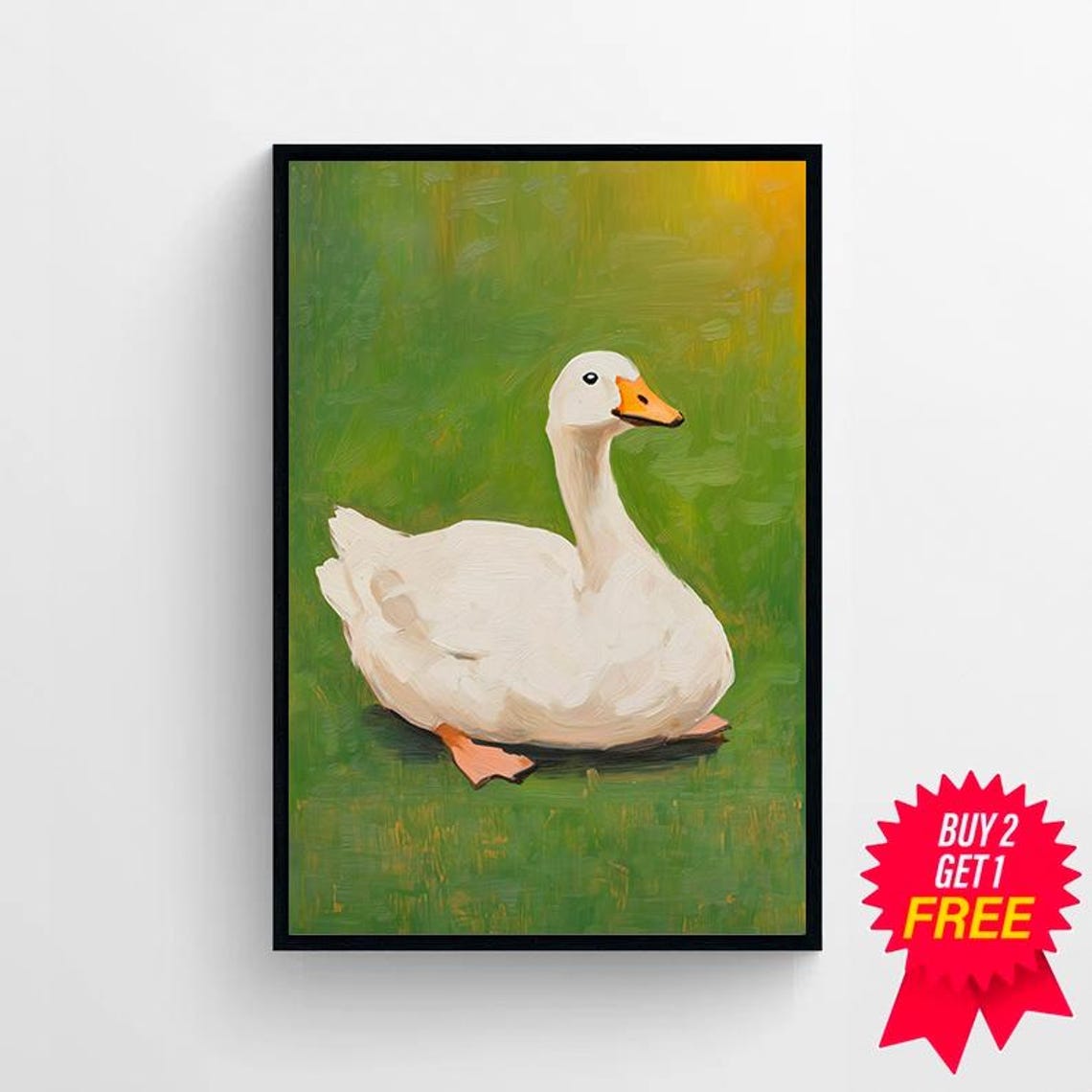 White Goose Sitting on Vivid Green Oil Painting Nursery Poster - Image 4